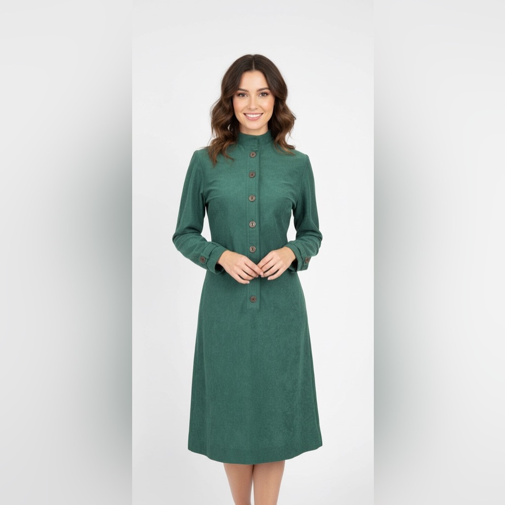 Caron VTG Kelly Green Button Up Mock Neck Dress 80s Modest Granola Girl Size M